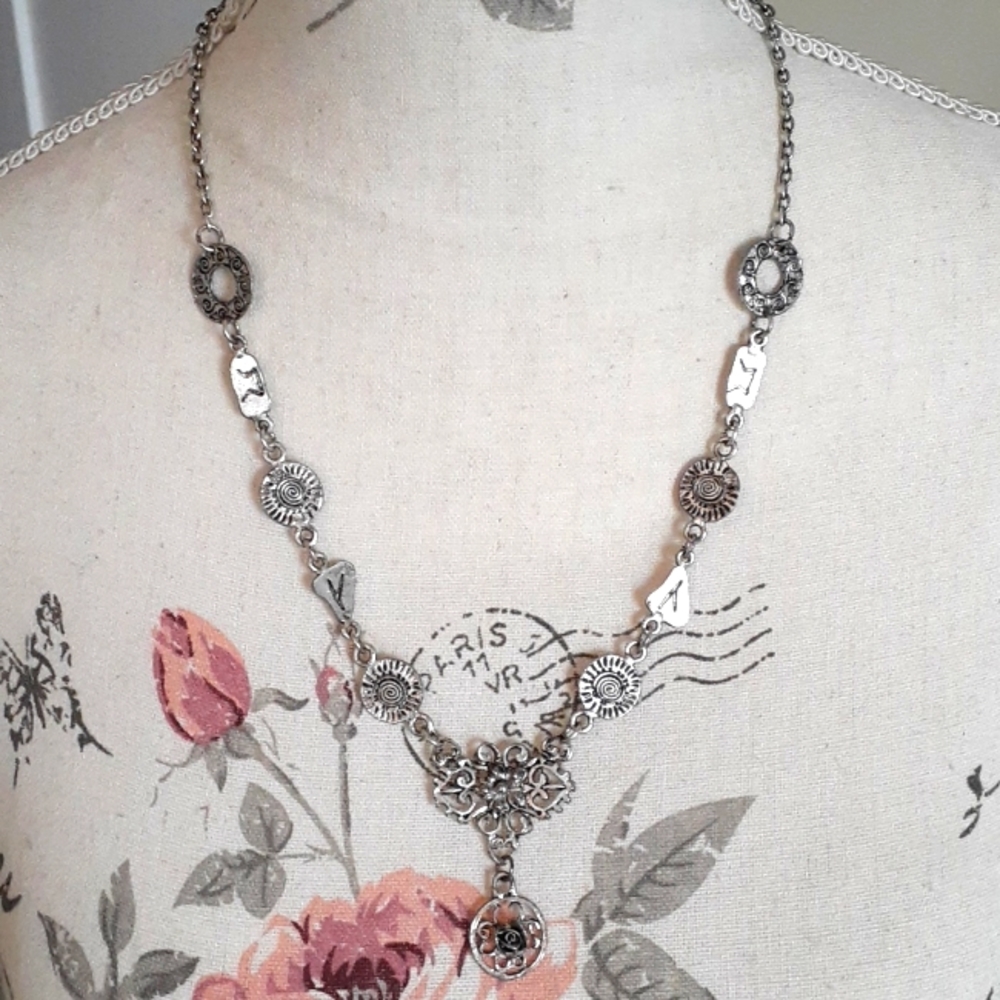 & Vintage mystical silver zodiac and floral drop charm necklace